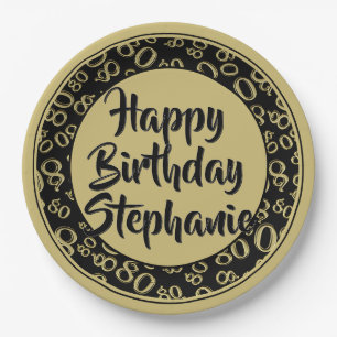 80th Party Random Number Pattern Gold/Black Paper Plate