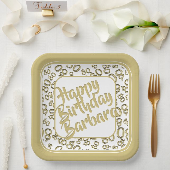 80th Party Random Number Pattern Gold/White Paper Plate (Wedding)