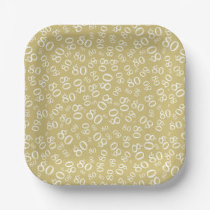 80th Party Random Number Pattern Gold/White Paper Plate