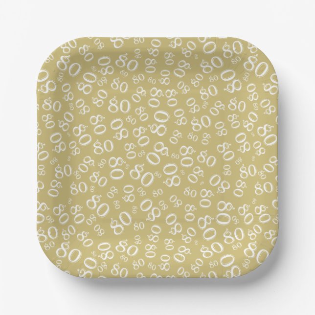 80th Party Random Number Pattern Gold/White Paper Plate (Front)