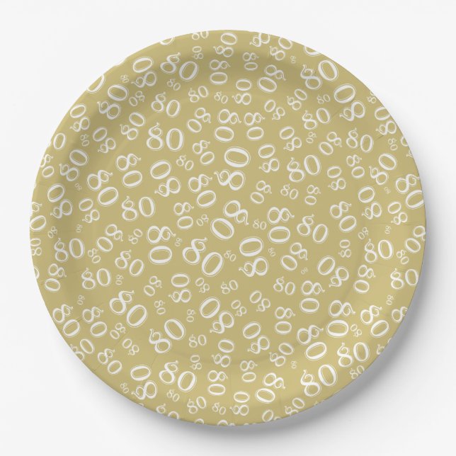 80th Party Random Number Pattern Gold/White Paper Plate (Front)