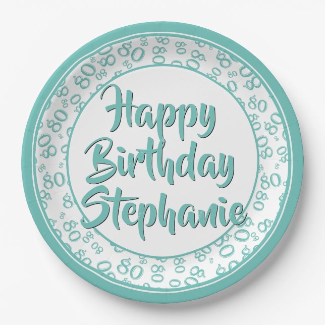 80th Party Random Number Pattern Teal/White Paper Plate (Front)
