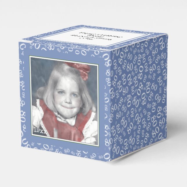 80th Photo Keepsake - Blue/White  Number Pattern Favour Box (Front Side)