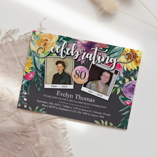 80th Photo Watercolor Floral Female Birthday Party Invitation (Creator Uploaded)