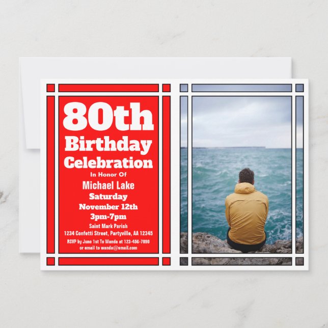 80th Red Photo Birthday Invitation (Front)