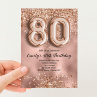 80th Rose Gold Glitter Birthday Invitation