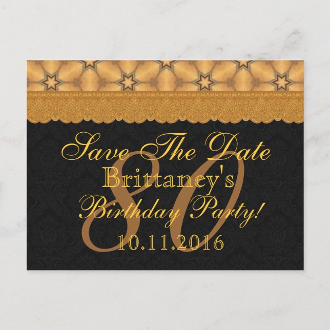 80th Save the Date Birthday Gold Black Lace Announcement Postcard (Front)