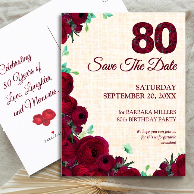 80th Save the Date - Red Peonies on Linen Announcement Postcard (Creator Uploaded)