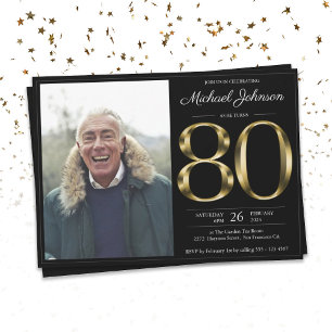 80th Solid Gold Text Black Classy Photo Birthday Invitation