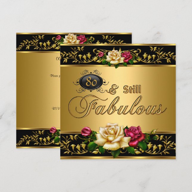 80th "Still Fabulous" Birthday Red Roses Gold Invitation (Front/Back)