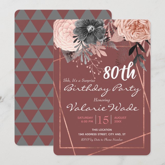 80th Suprise Birthday Party Pink Roses Invitation (Front/Back)