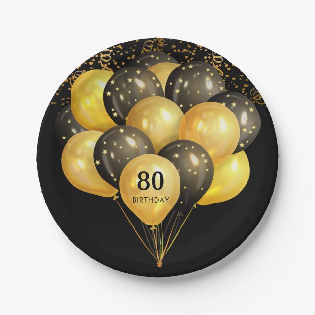 80th Surprise Birthday Black Gold Glitter Paper Plate (Front)