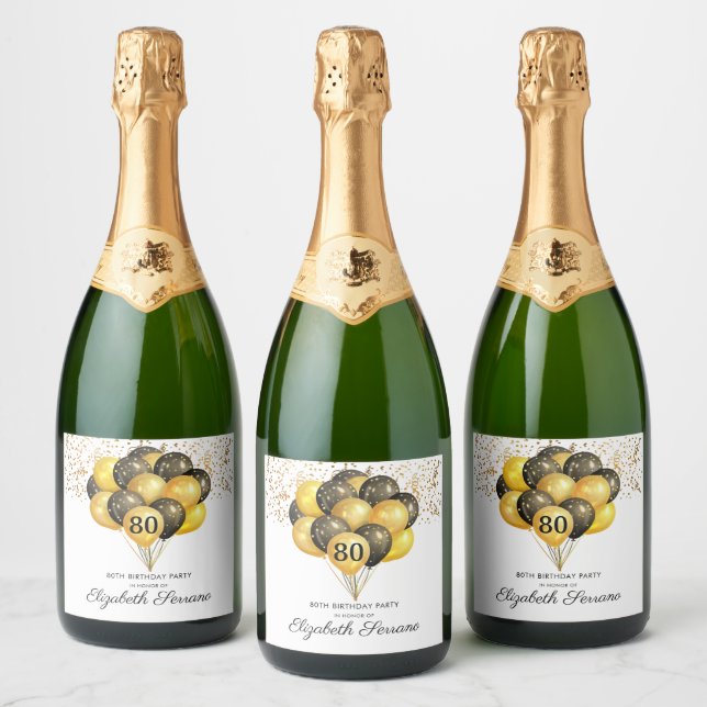 80th Surprise Birthday Black Gold Glitter  Sparkling Wine Label (Bottles)