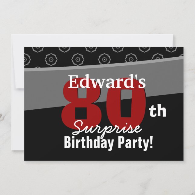 80th Surprise Birthday Black White Horizontal Invitation (Front)