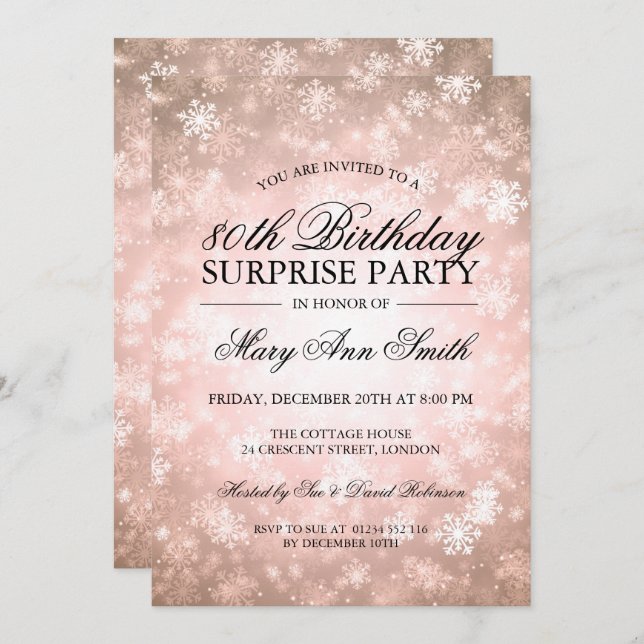 80th Surprise Birthday Copper Winter Wonderland Invitation (Front/Back)