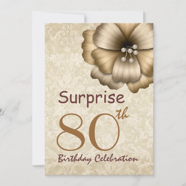 80th SURPRISE Birthday Party Gold Flower Invitation (Front)