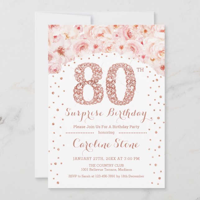80th Surprise Birthday Party - White Rose Gold Invitation (Front)