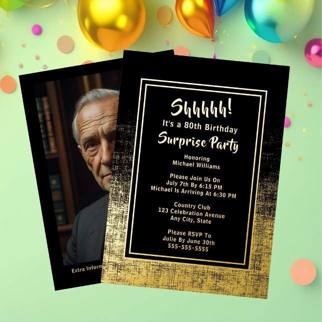 80th Surprise Birthday Photo on Back Black & Gold (Creator Uploaded)