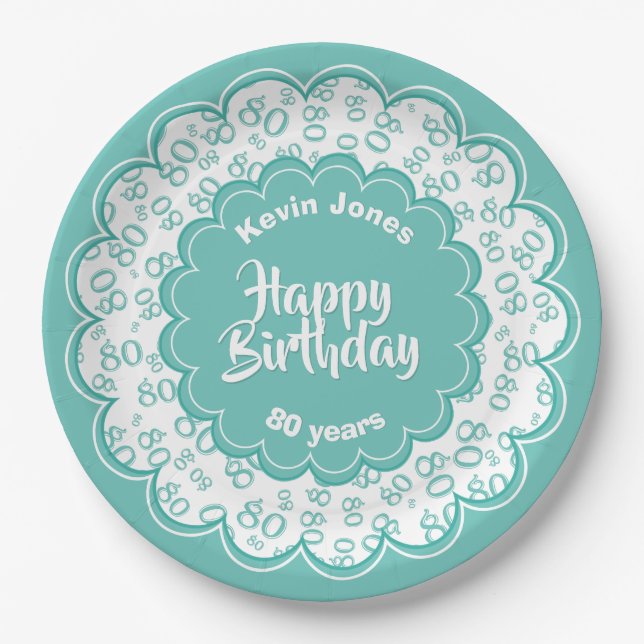 80th Teal/White Random Number Pattern Paper Plate (Front)