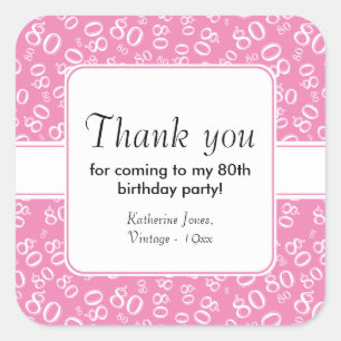 80th Thank You Pink/White Birthday Number Pattern Square Sticker