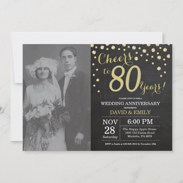 80th Wedding Anniversary Chalkboard Black and Gold Invitation (Front)
