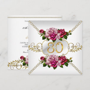 80th Women's Birthday Party Pink Roses White Gold Invitation