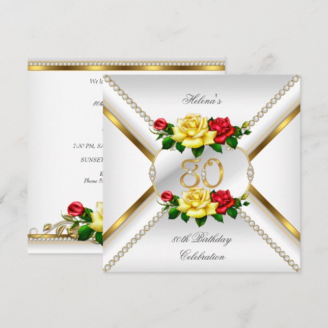 80th Women's Birthday Party Red Yellow Roses Invitation (Front/Back)