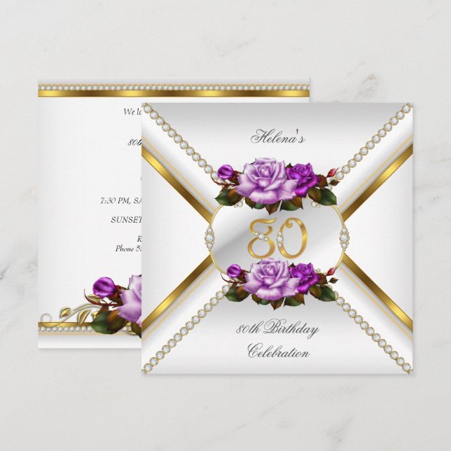 80th Women's Birthday Party White Gold Lilac Roses Invitation (Front/Back)