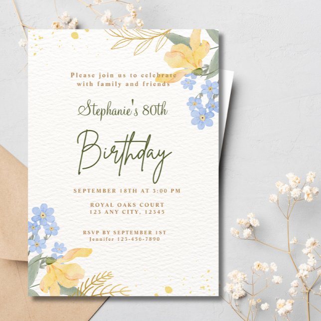80th Yellow Blue Flowers Boho Watercolor Birthday  Invitation (Creator Uploaded)