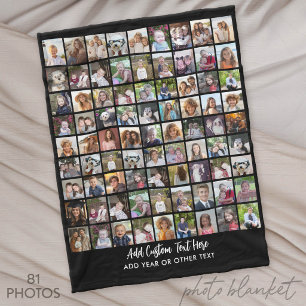 81 Photo Collage Grid with Text - black Fleece Blanket