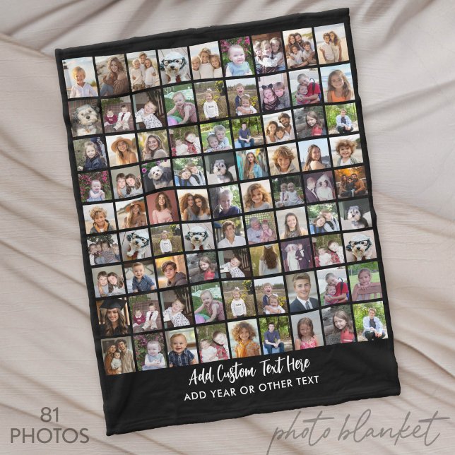 81 Photo Collage Grid with Text - black Fleece Blanket (Custom Photo Blankets)