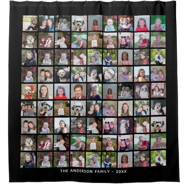 81 Square Photo Collage Grid with Text - black Shower Curtain (Front)