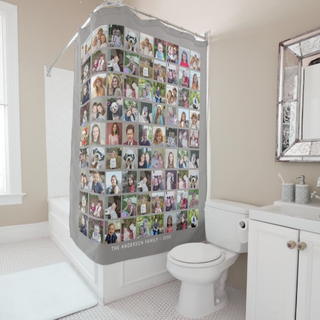 81 Square Photo Collage Grid with Text - grey Shower Curtain (In Situ)