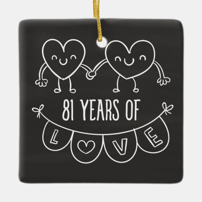 81st Anniversary Gift Chalk Hearts Ceramic Tree Decoration (Front)
