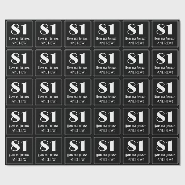 81st Birthday - Art Deco Inspired Look "81", Name Wrapping Paper (Flat)