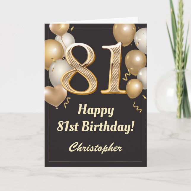 81st Birthday Black and Gold Balloons Confetti Card (Front)