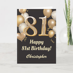 81st Birthday Black and Gold Balloons Confetti Card