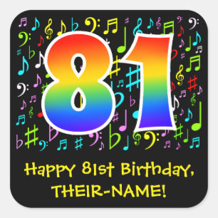 81st Birthday: Colourful Music Symbols, Rainbow 81 Square Sticker
