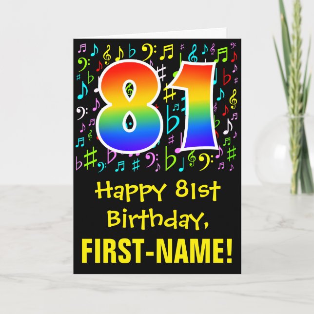 81st Birthday: Colourful Music Symbols + Rainbow 8 Card (Front)
