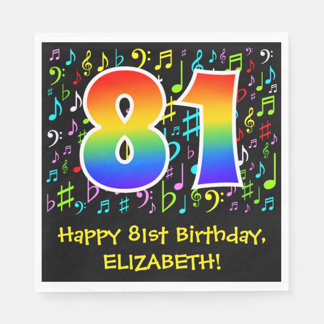 81st Birthday - Colourful Music Symbols, Rainbow 8 Napkin (Front)
