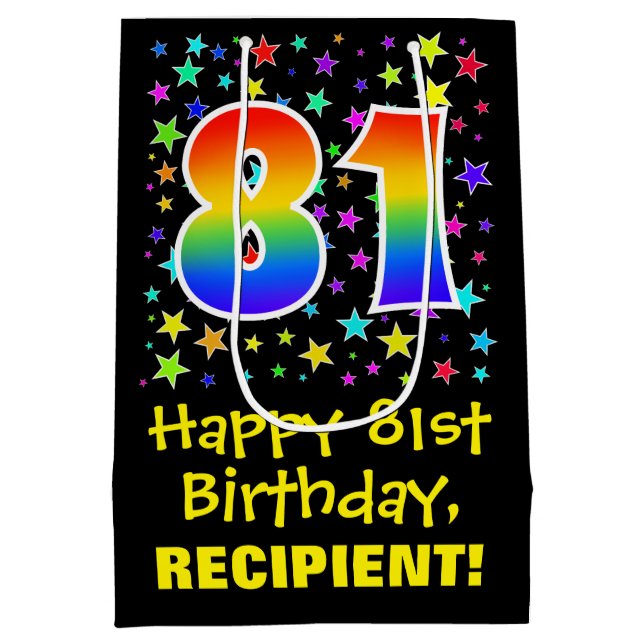 81st Birthday: Colourful Stars Pattern & Rainbow 8 Medium Gift Bag (Back)