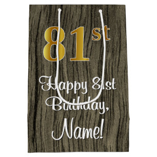 81st Birthday: Elegant Faux Gold Look #, Faux Wood Medium Gift Bag