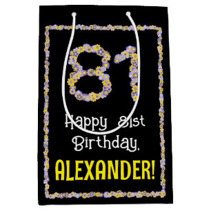 81st Birthday: Floral Flowers Number, Custom Name Medium Gift Bag