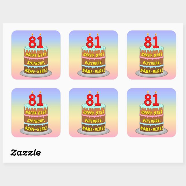 81st Birthday: Fun Cake and Candles + Custom Name Square Sticker (Sheet)
