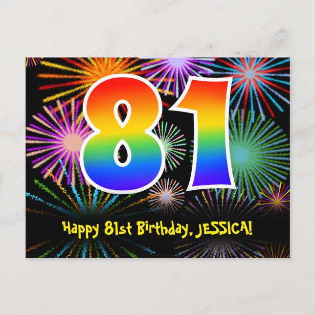 81st Birthday – Fun Fireworks Pattern + Rainbow 81 Postcard (Front)