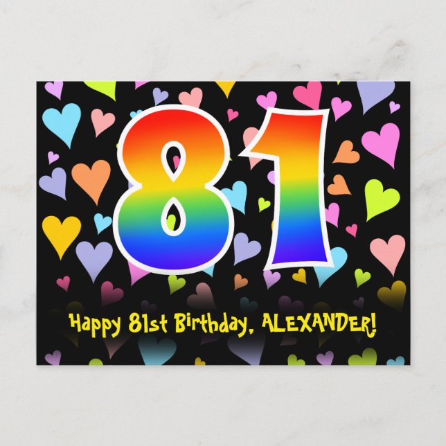 81st Birthday: Fun Hearts Pattern, Rainbow 81 Postcard (Front)