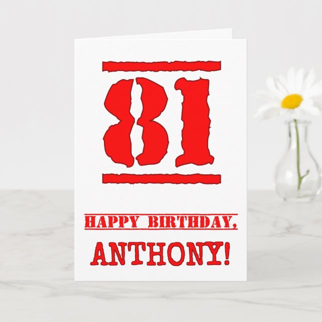 81st Birthday: Fun, Red Rubber Stamp Inspired Look Card (Small Plant)