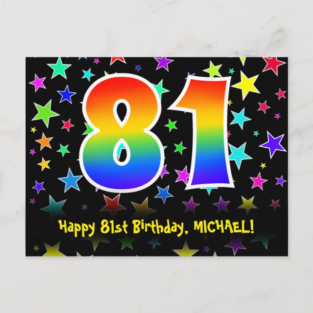 81st Birthday: Fun Stars Pattern, Rainbow 81, Name Postcard (Front)
