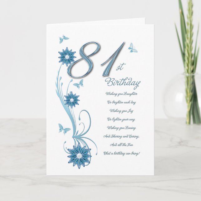 81st birthday in teal with flowers and butterfly card (Front)