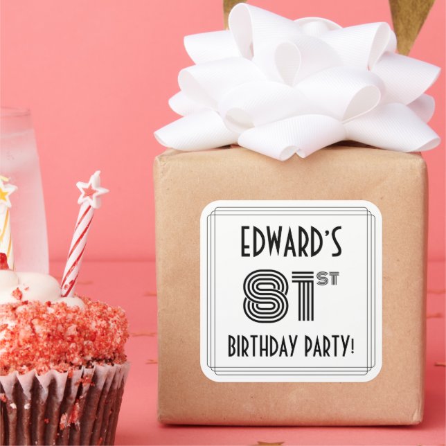 81st Birthday Party: Art Deco Style + Custom Name Square Sticker (Party)